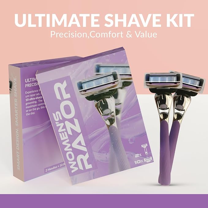 Women’s Razor with 2 Handles & 10 Razor Refills – 7 Blade Reusable for Smooth Shave – Sensitive Skin Safe – Facial & Body for Women