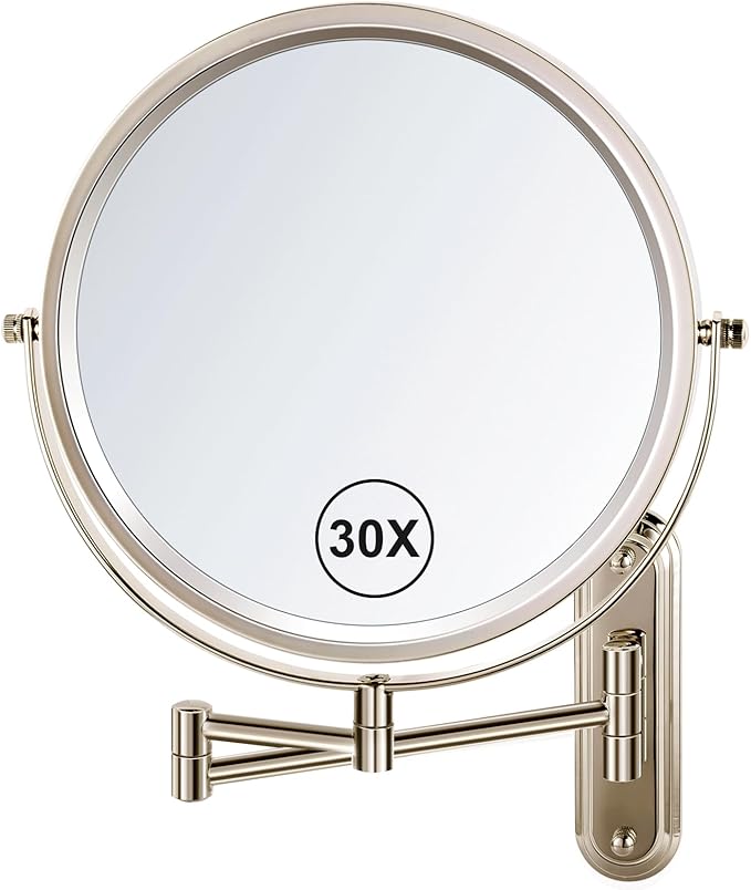Wall Mounted Makeup Mirror - 1X/30X Magnifying Makeup Mirror with Extended Arm 360°Swivel Vanity Mirror, 8.5in Double Sided Mirror for Bathroom, No Lights