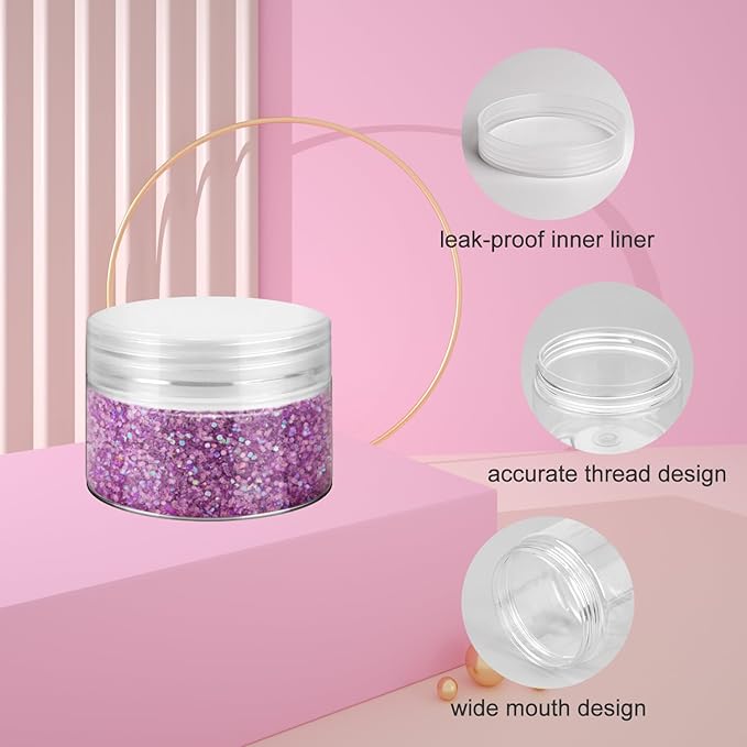 36 Pack 1 OZ Plastic Jars with Lids, BPA Free, Reusable, Refillable Transparent Cosmetic Containers for Bath Salts, Cosmetics, Powders, Beauty Product and Small Accessories, White