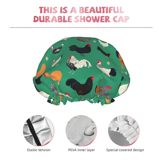 Funny Chickens Shower Cap For Women Reusable Waterproof Double Layers Bath Cap Hair Protection Elastic Ladies Spa Salon Shower Hat