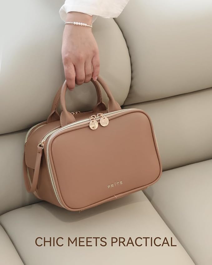 Prite Makeup Bag for Women, Large Capacity Waterproof Travel Cosmetic Organizer, Portable Open Flat Toiletry Bag with Free-standing Brush Holder and Handle(Brown Medium)