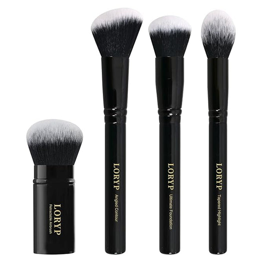 LORYP 4 Pcs Full Face Professional Makeup Brushes Set with Retractable Kabuki Airbrush For Powder,Liquid,Cream,Angled Blush Brush, Foundation Brush, Tapered Highlight Brush