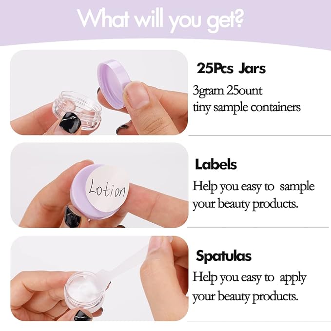 3 Gram Sample Containers With Lids, 25 Count Tiny Jars, Empty Lip Balm, Mini Cosmetic Containers, Makeup Travel With Labels, Mini Disposable Spatulas