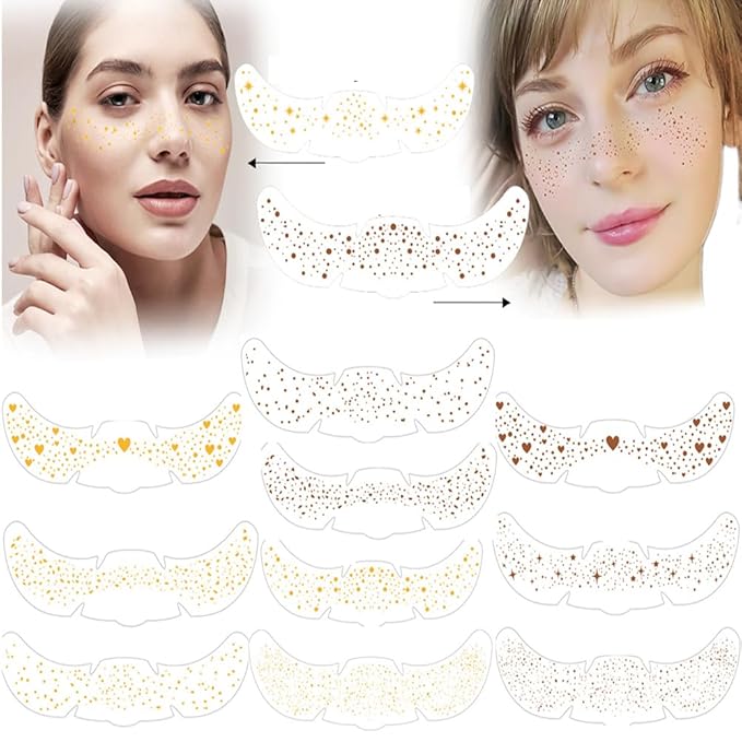 ACTHINK Face Glitter Freckles, Gold Glitter Freckles Face Tattoo Makeup Patches, Glitter Tattoo for Women Girls Make Up Costume Parties (6 pcs Gold，6 pcs Brown)