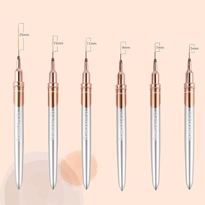 Liner Brush for Nails, 6Pcs Thin Nail Art Brushes Professional Nail Detail Brush for Gel Polish Sizes 5/7/9/11/15/25mm (Silver and Golden)