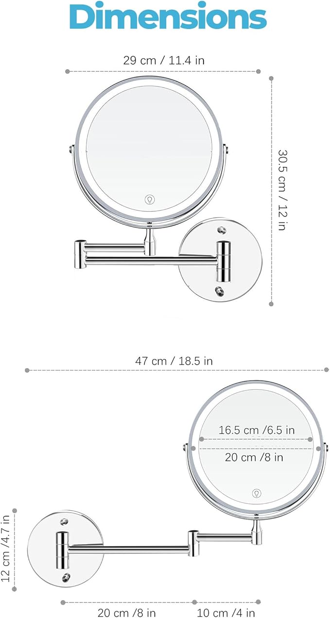 Fab Glass and Mirror Rechargeable Lighted Makeup Mirror 8 Inch, 1x/10x Magnification 3 Color Lights Touch Screen Dimmable 360° Rotation, Wall Mounted Magnifying Mirror Wall Mounted Mirrors (Chrome)