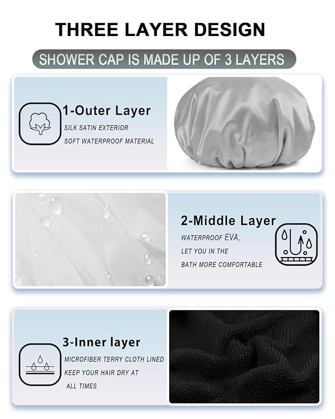 YIZIJIZI Triple Layer Reusable Waterproof Shower Cap for Women Large Terry Lined Hair Cap for Long Thick Hair Travel Bath Care Grey