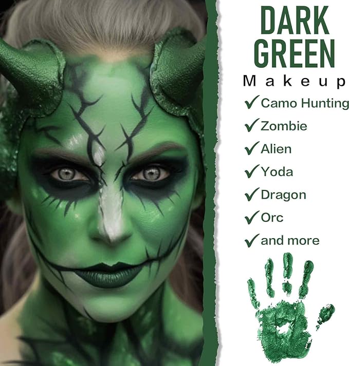 BOBISUKA Dark Green Face Body Paint, Water-Based Face Painting Kit & Body Paints, Kids Adults Facepaint for Halloween Zombie Camo Hunting Orcs Alien SFX Makeup, Costume Cosplay Party Theater & Stage