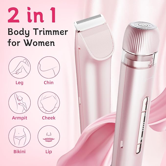 Bikini Trimmer for Women, 2-in-1 Electric Razors for Women for Bikini Line & Sensitive Areas, IPX7 Waterproof Wet & Dry Razor for Underarms, Legs, Arms, Body & Face, USB-C Rechargeable, Pink