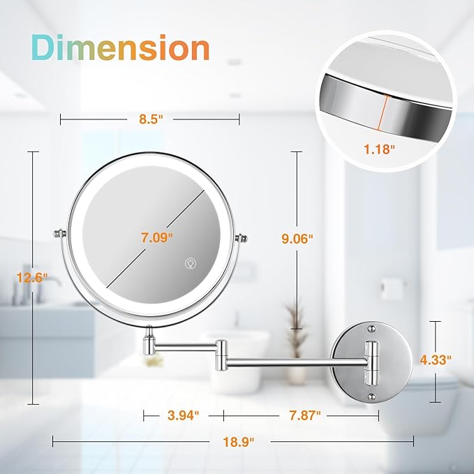 30X LED Lighted Makeup Mirror: 8.5in Wall Mounted Magnifying Mirror with Light - Chrome