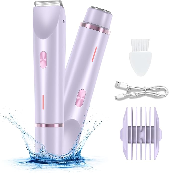 2 in 1 Bikini Trimmer for Women, Rechargeable Electric Razors for Women, Wet/Dry Use Lady Electric Shaver for Bikini Face Lip Underarm Legs Pubic Hair