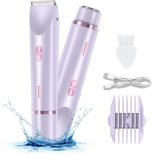 2 in 1 Bikini Trimmer for Women, Rechargeable Electric Razors for Women, Wet/Dry Use Lady Electric Shaver for Bikini Face Lip Underarm Legs Pubic Hair