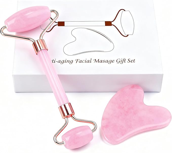 Jade roller and gua sha, facial roller, women's skincare tool, self-care gift, face, eye, neck massager, relieves fine lines and wrinkles, aventurine, opal, rose quartz