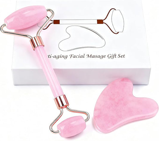 Jade roller and gua sha, facial roller, women's skincare tool, self-care gift, face, eye, neck massager, relieves fine lines and wrinkles, aventurine, opal, rose quartz