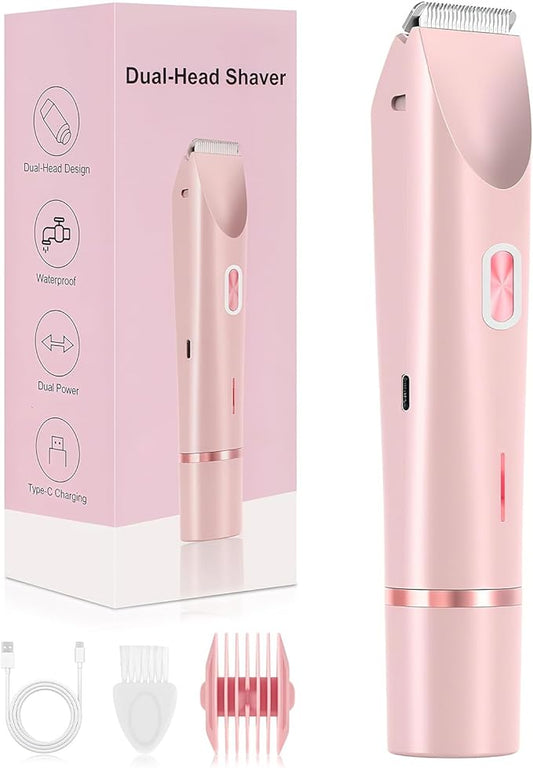 Dermave Bikini Shaver 2.0, Dual Head Electric Bikini Trimmer for Women, 2 in 1 Wet and Dry Waterproof Glow Aura Womens Shaver for Face, Legs, Underarm (Pink)