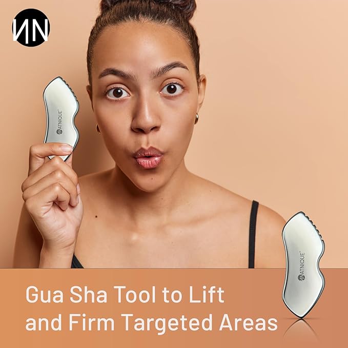 Stainless Steel Gua Sha Tool – Metal Face & Body Massage Tool for Sculpting, Puffiness, Fine Lines, Dark Circles & Cooling Relief – Board Shape with Travel Pouch