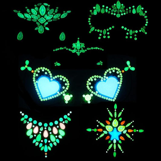 6Sets Noctilucent Face Gems Blacklight Body Stickers Glow in The Dark Lumino Face Jewels Fluorescent face Tattoo Crystals Rhinestone Sticker Body Jewelry Party Accessories for Halloween