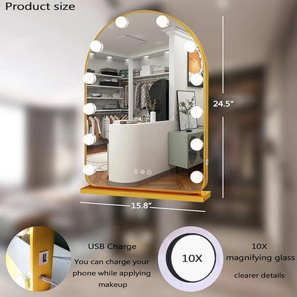 THEKLA Gold Arch Hollywood Vanity Mirror with Lights Dimmable 3Color 12 Bulbs Hollywood Vanity Lighted Mirror for Bedroom Wall Detachable Base Stand X10 Magnifying Arch Vanity Makeup Desk Table Mirror