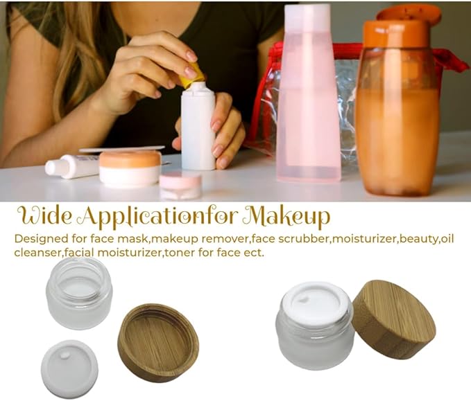 Empty Refillable Frosted Glass Cosmetic Jar 4 Pack Mini 5g/0.17oz with Bamboo Lids,Skin Care Travel Containers Pot Vial Holder Sample Storage for Eye Cream Lotion Ointments Lip Balm
