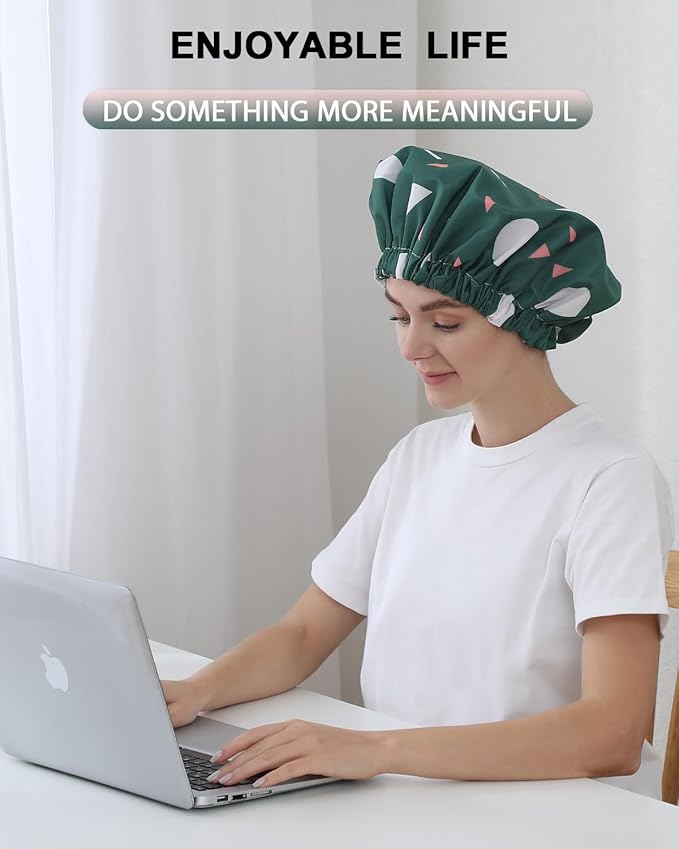 YIZIJIZI Shower Cap,Shower Caps for Women Reusable Waterproof,Two Layer Large Shower Caps Reusable Suitable for All Types of Straight Hair, Curly Hair, Long Hair,Braids (green)