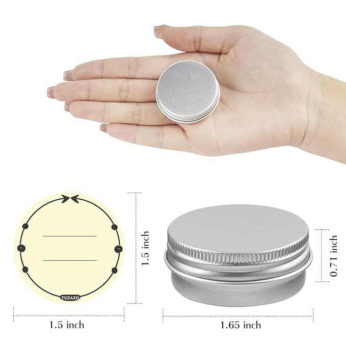 TUZAZO 12Pack 1/2 Oz Aluminum Tin Cans with Screw Lid and Labels, Refillable Travel Sized Cosmetic Containers Small Tins for Lip Balms, Salves, Lotion Bars, Candles