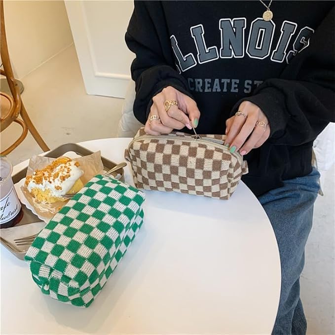 PAZIMIIK Checkered Makeup Bag for Purse Portable Zipper Make Up Pouch Small Cosmetic Case for Travel Accessories (6PCS Green)