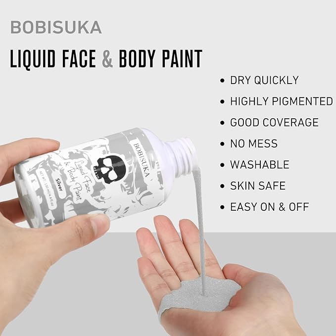 BOBISUKA Silver Face Body Paint Liquid Texture Washable Non Toxic Facepaint Fast Drying Metallic Silver Foundation Makeup for Halloween Cosplay SFX Costume Party Large Capacity(130ml)