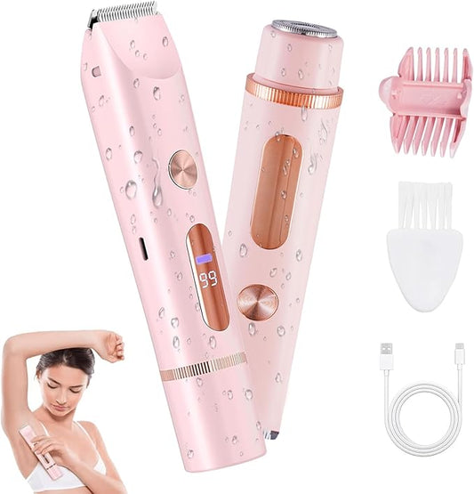 2 in 1 Bikini Trimmer for Women, Dual Head Electric Shaver with LED Display, IPX7 Waterproof Body Pubic Hair Trimmer Rechargeable Womens Electric Razor for Armpit Leg Body Facial Wet & Dry Use