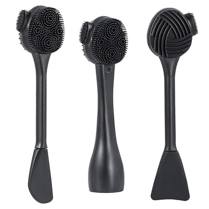 Silicone Facial Cleansing Brush 3 Pack, Beomeen 4 in 1 Handheld Face Scrubber for Deep Gentle Exfoliating, Double-Ended Face Wash Scrub Brush for Face Skincare and Massage (Black)