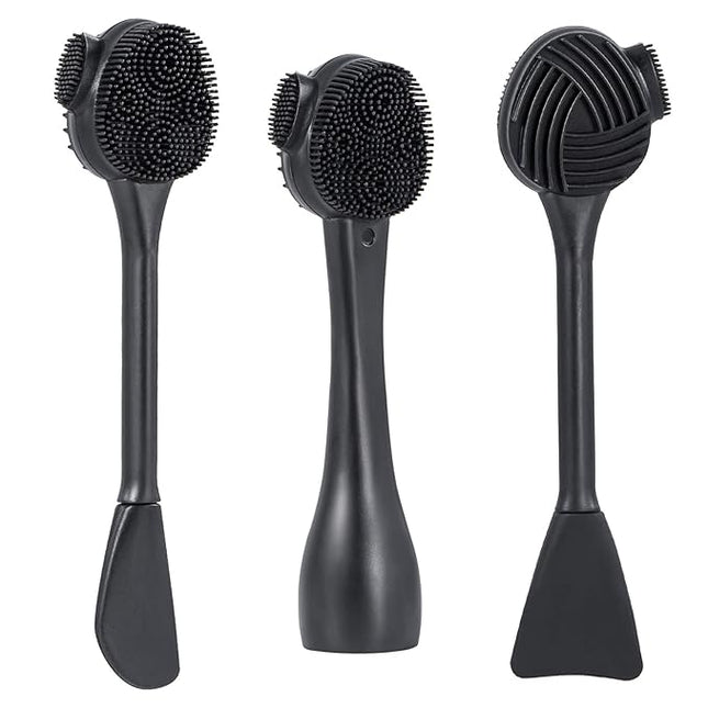 Silicone Facial Cleansing Brush 3 Pack, Beomeen 4 in 1 Handheld Face Scrubber for Deep Gentle Exfoliating, Double-Ended Face Wash Scrub Brush for Face Skincare and Massage (Black)