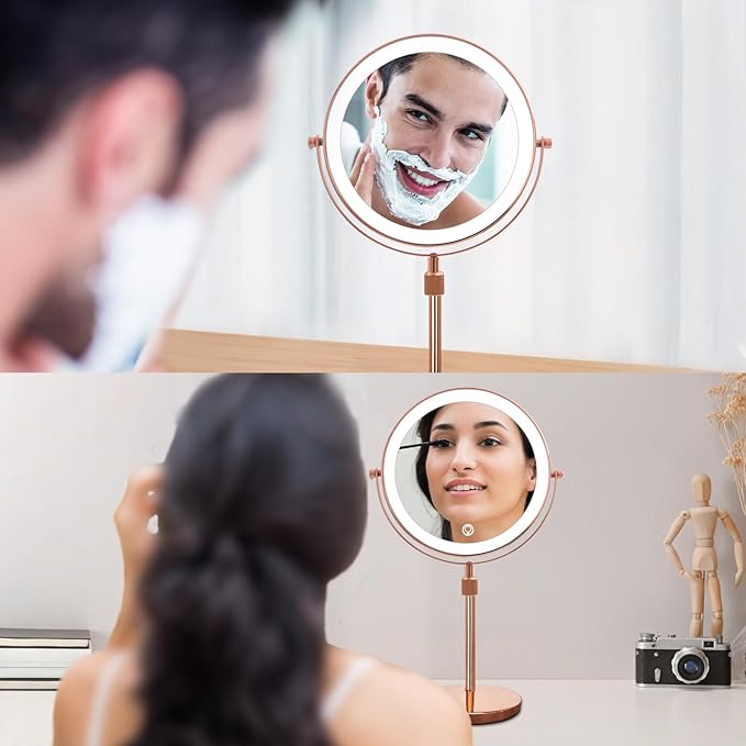Nicesail LED Makeup Mirror 10X Magnification, 8 Inch Light Magnifying Mirror with 3 Color Light, Height Adjustable Brightness Vanity Mirror with Stand, 360 Rotation Double Sided for Make up, Rose Gold