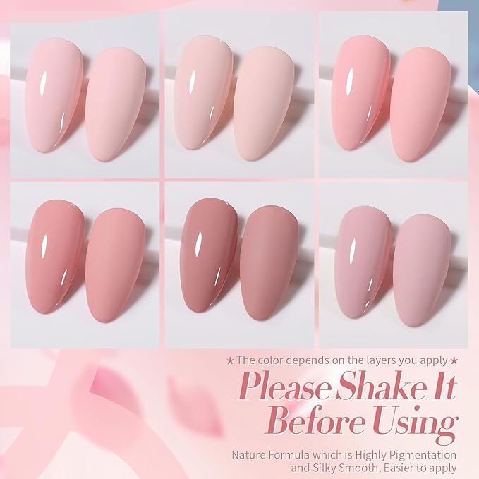 BORN PRETTY Pink Gel Nail Polish 6 Colors,Soft Nude Pink Valentine's Day Gift Nail Art Manicure DIY Salon Home