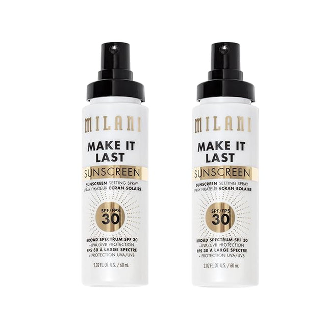 Milani Sunscreen Setting Spray + Primer, Make It Last Sunscreen for Face- SPF 30 UVA & UVB Protection Antioxidant Rich Formula for Broad Spectrum Protection, Prime + Set + Protect, 2.02Fl. Oz - 2 Pack
