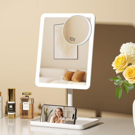 FUNTOUCH Vanity Mirror with Lights, Rechargeable Makeup Mirror with Lights,Smart Touch with 3-Color Lighting, Dimmable, Detachable 10X Magnification for Vanity Desk Tabletop,White
