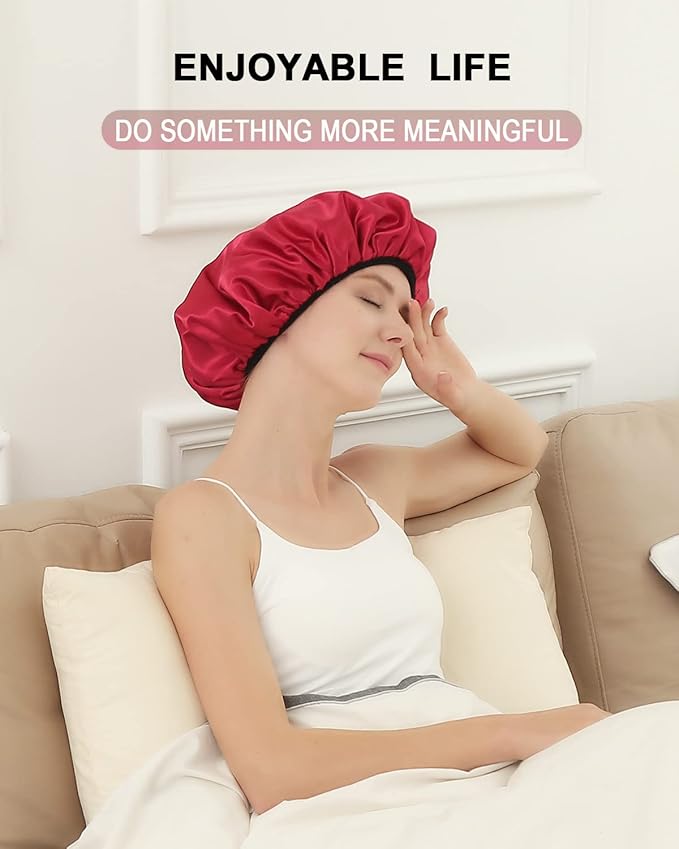 YIZIJIZI Triple Layer Reusable Waterproof Shower Cap for Women Large Terry Lined Hair Cap for Long Thick Hair Travel Bath Care Red