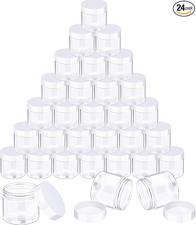 SATINIOR 24 Pieces Empty Clear Plastic Jars with Lids Round Storage Containers Wide-Mouth for Beauty Product Cosmetic Cream Lotion Liquid Butter Craft and Food (White Lid,3 oz)