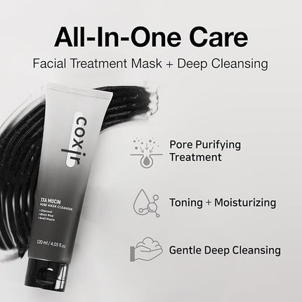 coxir TXA Mucin All-in-One Pore Mask Cleanser – Quick 1–2 Min Gel-to-Foam Wash-Off Face Mask + Cleanser, Charcoal & Snail Mucin, Deep Pore Cleansing, Blackhead Care, Hydrating, Korean Skin Care, 120ml