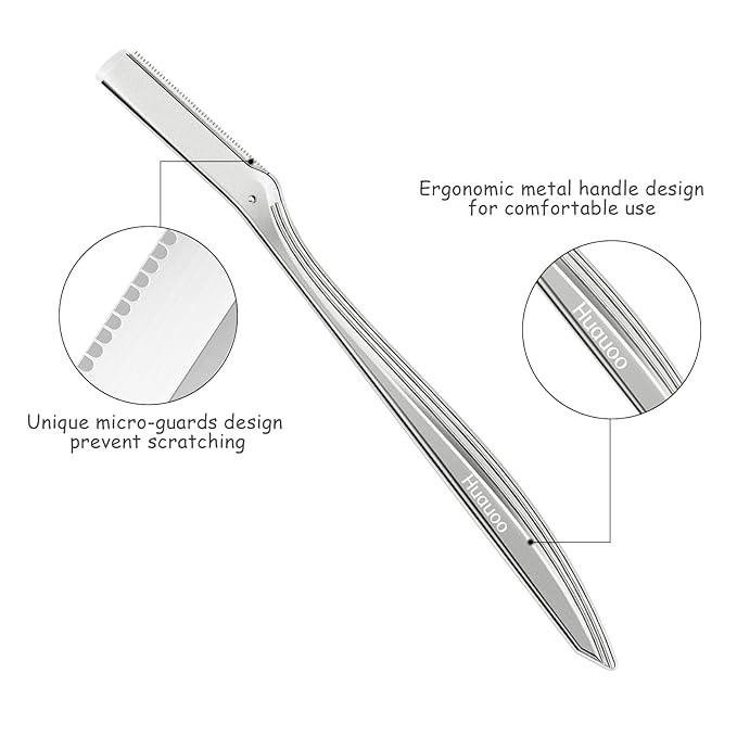 Dermaplane Razor for Women Face, Stainless Steel Handle with 6 Replaceable Blades, Huauoo Face Razors for Women, Peach Fuzz Remover, Eyebrow Trimmer, Dermaplaning Tool for Face Exfoliation (Silver)