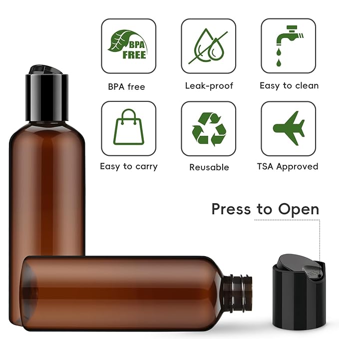 TUZAZO 10 Pack 3.4 oz Amber Plastic Travel Bottles for Toiletries TSA Approved Leakproof Travel Size Containers Empty Small Plastic Shampoo Lotion Bottles with Labels