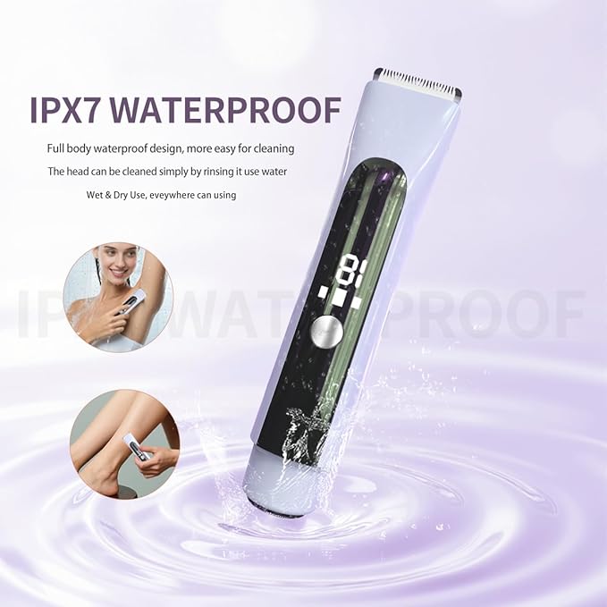 2 in 1 Women Electric Shaver,Dual Head Bikini Trimmer for Women IPX7 Waterproof Wet & Dry Use with Ceramic Blade Trimmer Remover Rechargeable HD Display for Bikini Leg Arm Body Face（Purple）