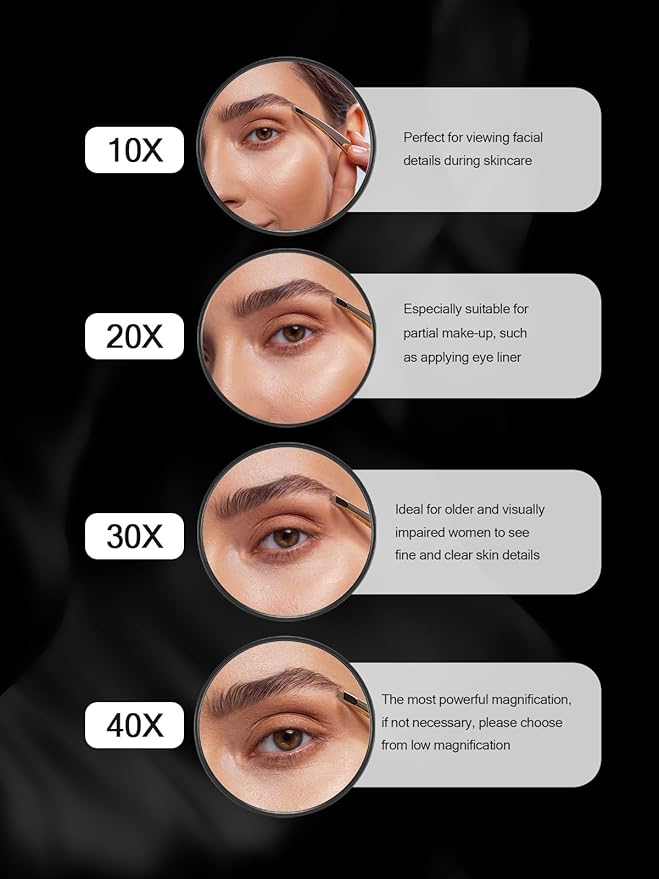 10X&40X Magnifying Mirrors with Suction Cups and 2 Tweezers Set, 3.5 inches Magnified Makeup Mirror, Black, 2PCS