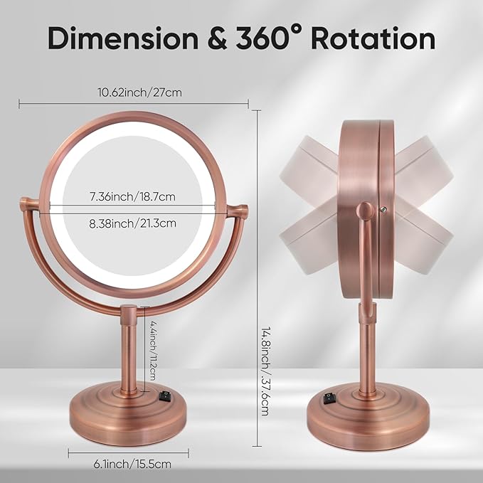 GURUN 8.5 Inch Tabletop LED Lighted Makeup Mirror with 10x Magnification Double Sided Vanity Mirror Plug Power Matte Rose Gold M2208D-8x10MR(8.5in,10x)