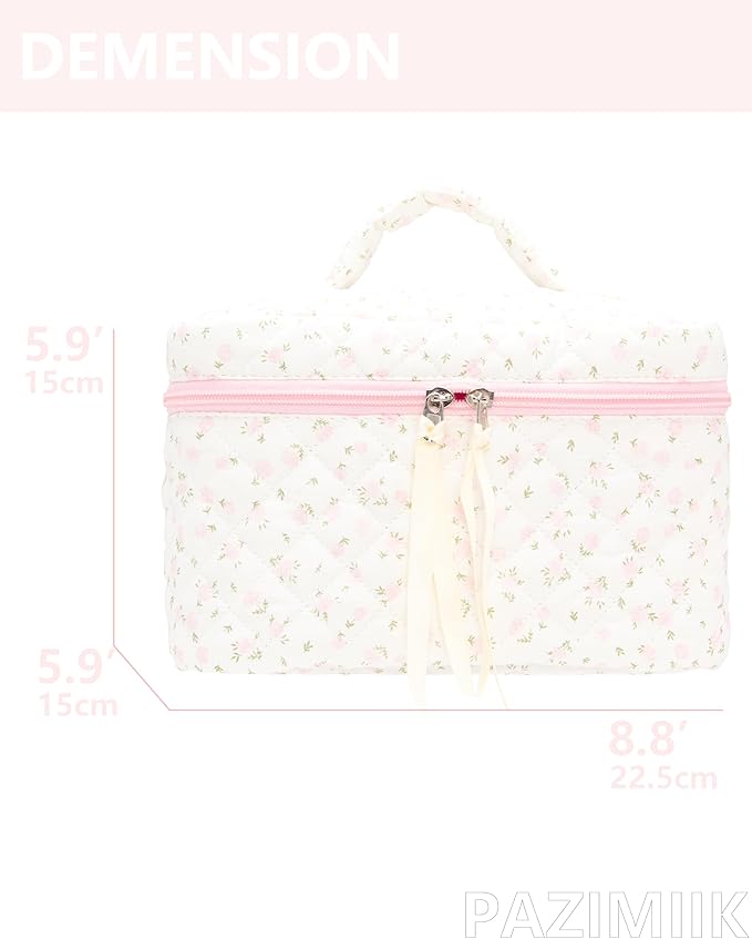Quilted Makeup Bag Large Travel Zipper Soft Cosmetic Case for Women Girls Make Up,Little Flower Pink