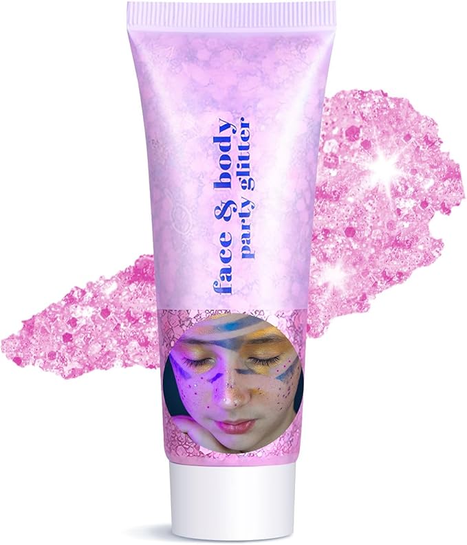 Body Glitter Gel - Sparkly Chunky Glitter Hair for Kids Women, Iridescent Glitter Freckles, Halloween Christmas Singer Concert Festival Rave Accessories (Pink Body Glitter)