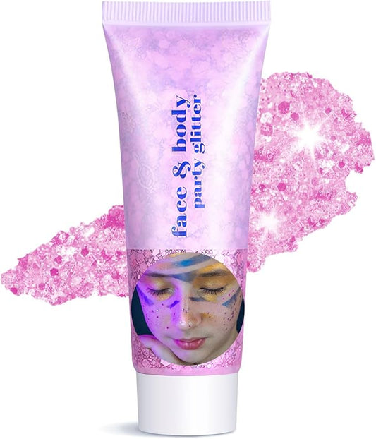 Body Glitter Gel - Sparkly Chunky Glitter Hair for Kids Women, Iridescent Glitter Freckles, Halloween Christmas Singer Concert Festival Rave Accessories (Pink Body Glitter)