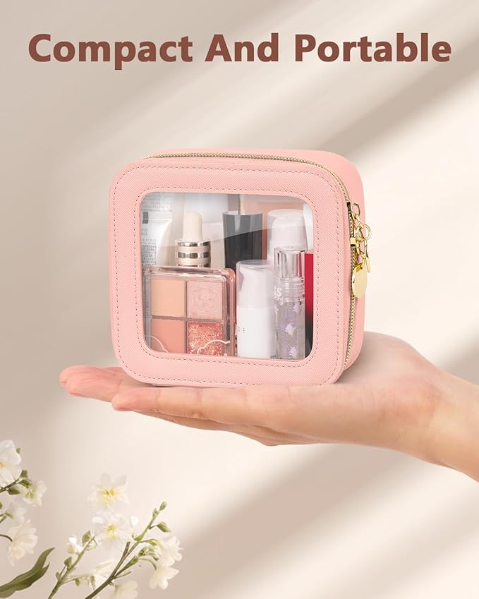 Clear Makeup Bag, Portable Travel Cosmetic Bags, Multipurpose Leather Toiletry Bag with Zipper, Waterproof Transparent Cosmetic Organizer for Women, Mini, Pink