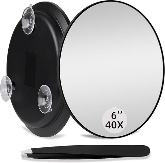 40X Magnifying Mirror, Round 40X High Power Magnification 6inch Large Travel Magnifying Mirror with 3 Suction Cups Mounting, Powerful 40x Makeup Magnification with Tweezers Set