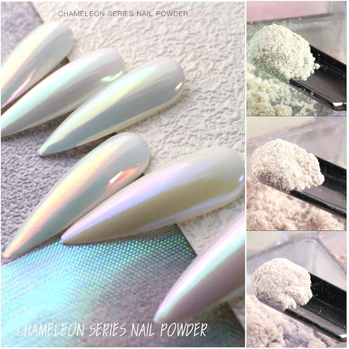 7 Colors Chrome Nail Powder Aurora Metallic Holographic Mirror Effect Dip Nail Powder Kit, White Pearl Iridescent Shell Powder Glitter Nail Art Pigment Manicure for Nails