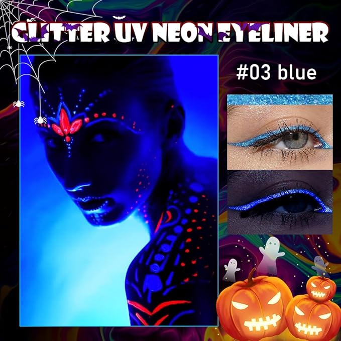 evpct Blue Shimmer Eyeliner UV Neon Gel Eyeliner Pencil Makeup, Rainbow Halloween Colored Colorful Gel Eye Liner Pen Glow in Dark Makeup, Long Lasting Waterproof Eyeliners for Face Body Painting
