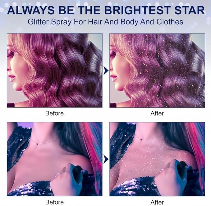 Body Glitter Spray, Perfect Body Shiny for Music Festival Rave Stage Makeup Hair and Face Shimmer Glitter Spray. 2.11 Oz